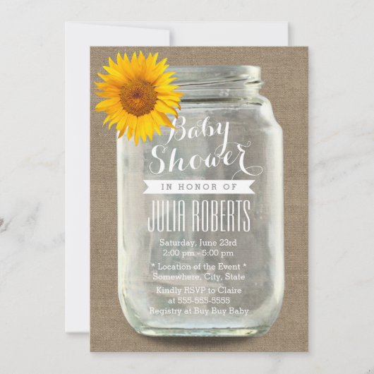 Zonnebloem en Mason Jar Burlap Baby shower Kaart (Voorkant)
