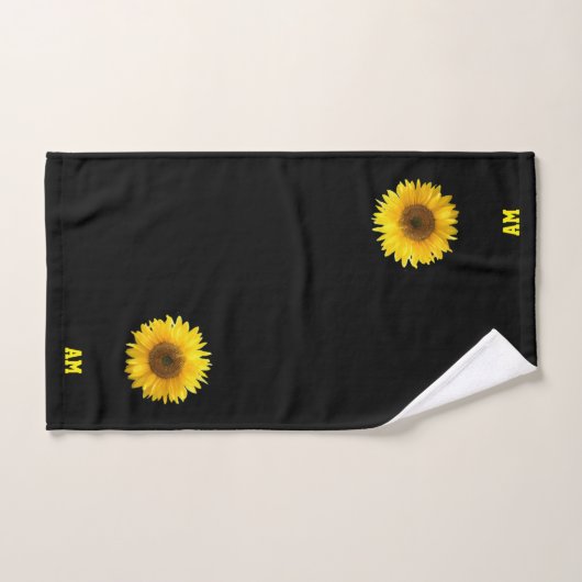 Zonnebloem en monogram op zwart bad handdoek (Handdoek)