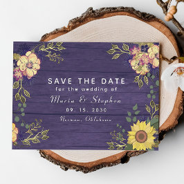 Zonnebloem en Paarse Bloemrijke Herfst Bruiloft Save The Date