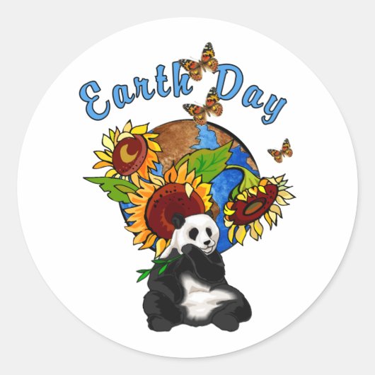 Zonnebloem en Panda Aarde Ronde Sticker (Voorkant)