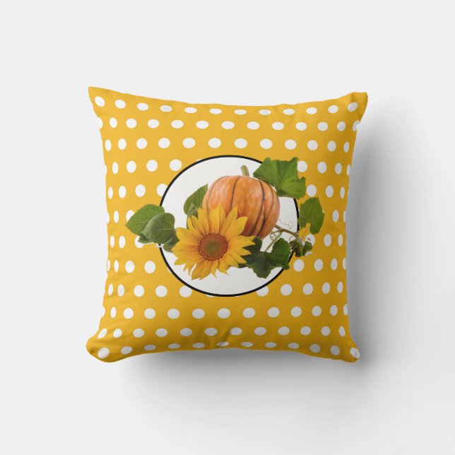 Zonnebloem en pompoen Witte Stippen Thanksgiving Kussen (Voorkant)