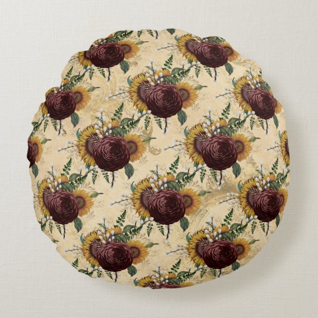 Zonnebloem en Ranunculus Rond Kussen (Voorkant)