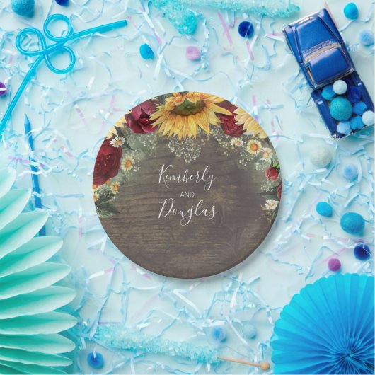 Zonnebloem en rode roos rustieke herfsttrouwdag papieren bordje (Feest)