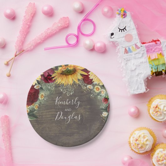 Zonnebloem en rode roos rustieke herfsttrouwdag papieren bordje (Feest)