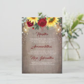 Zonnebloem en Rode Roze Herfst Bruiloft Details Informatiekaartje (Staand voorkant)