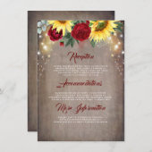 Zonnebloem en Rode Roze Herfst Bruiloft Details Informatiekaartje (Voorkant / Achterkant)