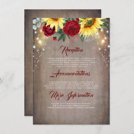 Zonnebloem en Rode Roze Herfst Bruiloft Details Informatiekaartje (Voorkant / Achterkant)