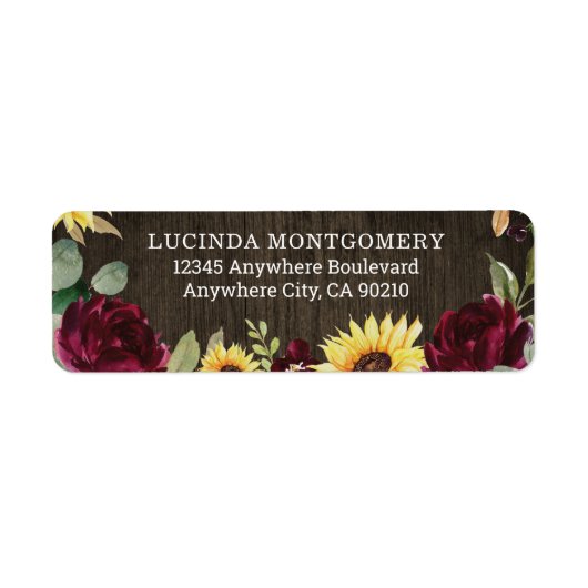 Zonnebloem en rode rozen Rustic Barn Wood Weddensc Etiket (Voorkant)
