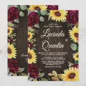 Zonnebloem en rode rozen Rustic Barn Wood Weddensc Kaart (Voorkant / Achterkant)