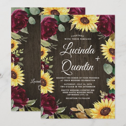 Zonnebloem en rode rozen Rustic Barn Wood Weddensc Kaart (Voorkant / Achterkant)