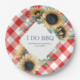 Zonnebloem en Rode Tartan I Do BBQ Papieren Bordje