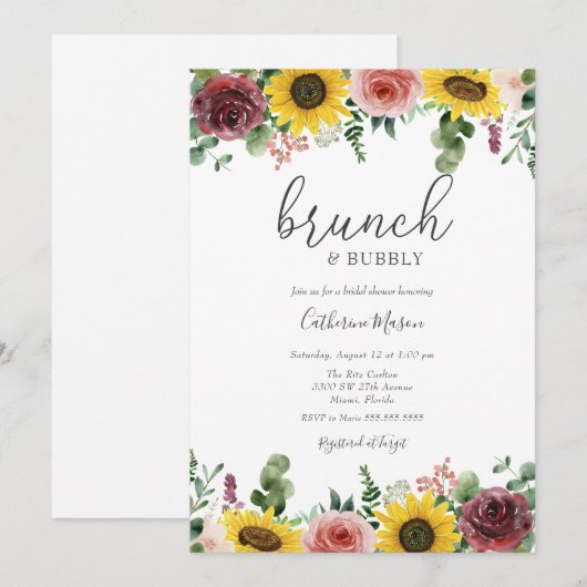 Zonnebloem en Roos Brunch en Bubble Vrijgezellenfe Kaart (Voorkant / Achterkant)