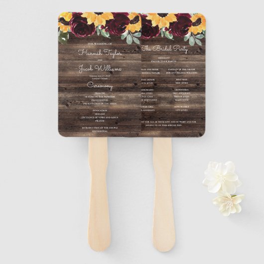 Zonnebloem en Roos Rustic Wood Wedding Programme Handwaaier (Voorkant en achterkant)