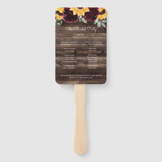 Zonnebloem en Roos Rustic Wood Wedding Programme Handwaaier (Achterkant)