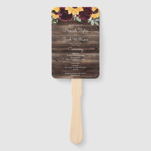 Zonnebloem en Roos Rustic Wood Wedding Programme Handwaaier (Voorkant)
