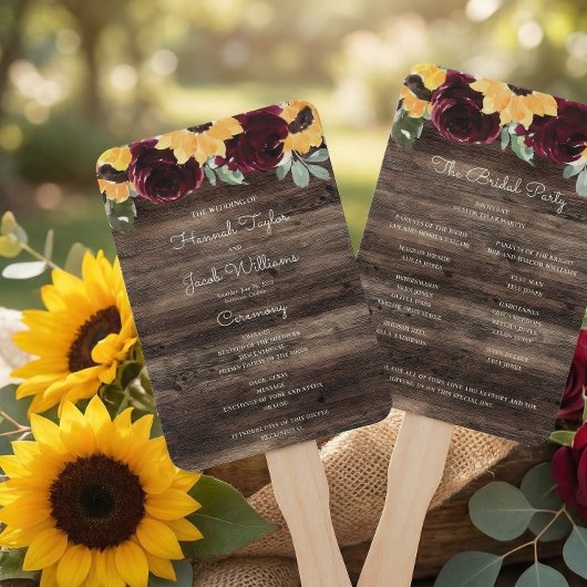 Zonnebloem en Roos Rustic Wood Wedding Programme Handwaaier