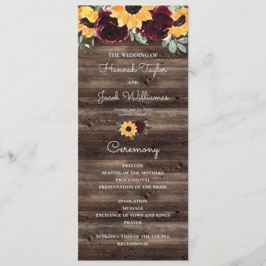 Zonnebloem en Roos Rustic Wood Wedding Programme Programmakaart (Voorkant)