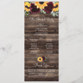 Zonnebloem en Roos Rustic Wood Wedding Programme Programmakaart (Achterkant)