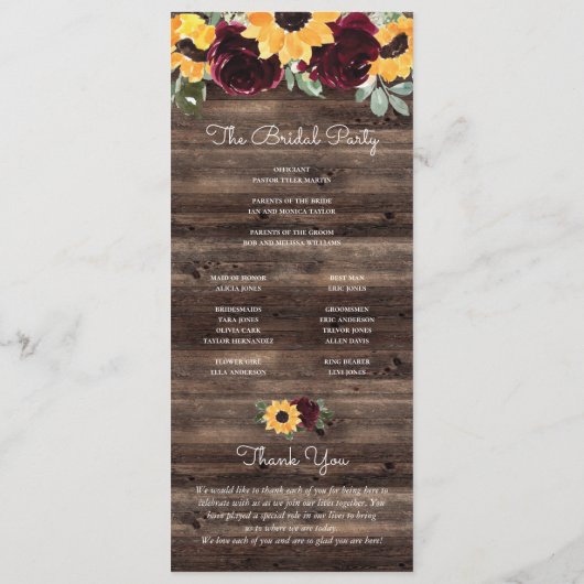 Zonnebloem en Roos Rustic Wood Wedding Programme Programmakaart (Achterkant)