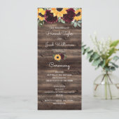 Zonnebloem en Roos Rustic Wood Wedding Programme Programmakaart (Staand voorkant)