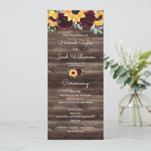 Zonnebloem en Roos Rustic Wood Wedding Programme Programmakaart (Staand voorkant)