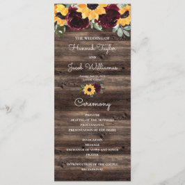 Zonnebloem en Roos Rustic Wood Wedding Programme Programmakaart