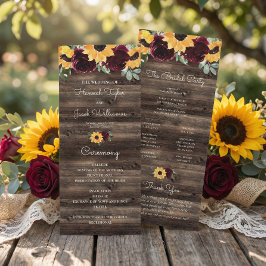 Zonnebloem en Roos Rustic Wood Wedding Programme Programmakaart