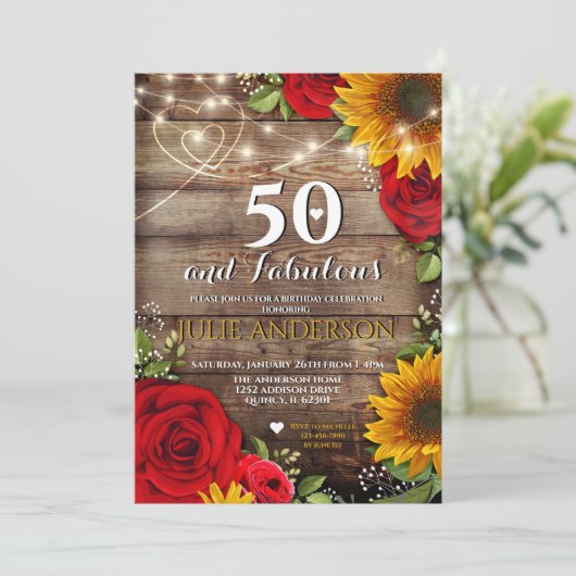 Zonnebloem en Roos Rustiek Verjaardagsfeest Kaart (Staand voorkant)