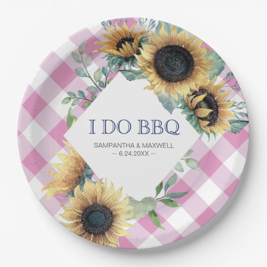 Zonnebloem en Roze Tartan I Do BBQ Papieren Bord (Voorkant)