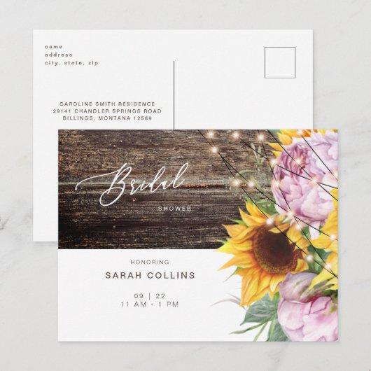 Zonnebloem en roze Vrijgezellenfeest van Peony Rus Uitnodiging Briefkaart (Voorkant / Achterkant)