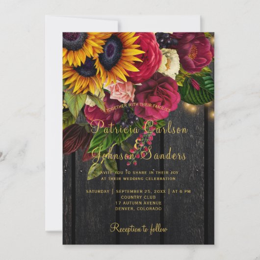 Zonnebloem en rozen bordeaux rustieke herfstbruilo kaart (Voorkant)