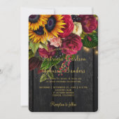 Zonnebloem en rozen bordeaux rustieke herfstbruilo kaart (Voorkant)