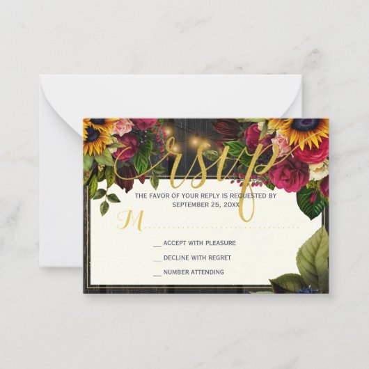 Zonnebloem en rozen budget rustieke bruiloft RSVP Notitiekaartje (Voorkant)