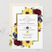 Zonnebloem en Rozen Burgundy Navy Blauwe Trouwdag Kaart (Voorkant / Achterkant)