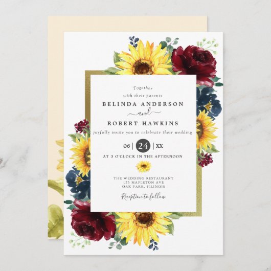Zonnebloem en Rozen Burgundy Navy Blauwe Trouwdag Kaart (Voorkant / Achterkant)