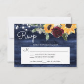 Zonnebloem en Rozen Burgundy Navy Blue Rustic Wood RSVP Kaartje (Voorkant)