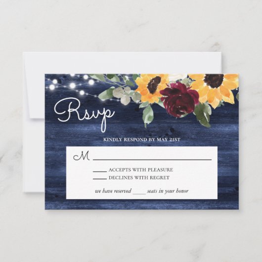 Zonnebloem en Rozen Burgundy Navy Blue Rustic Wood RSVP Kaartje (Voorkant)