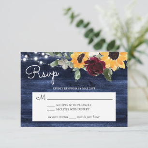 Zonnebloem en Rozen Burgundy Navy Blue Rustic Wood RSVP Kaartje