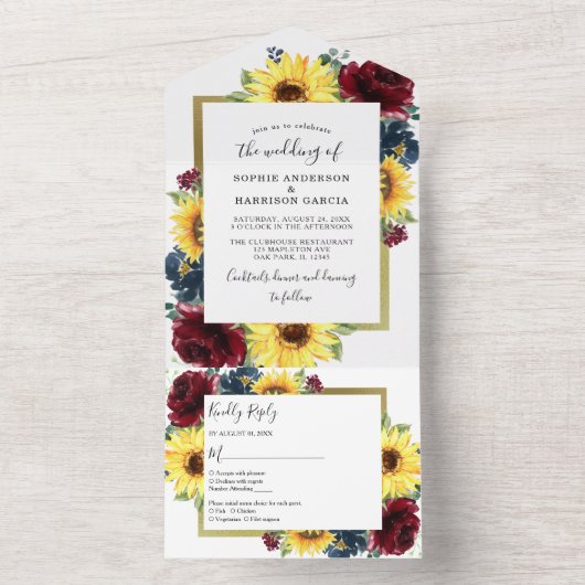 Zonnebloem en Rozen Burgundy Navy Blue Wedding All In One Uitnodiging (Binnen)