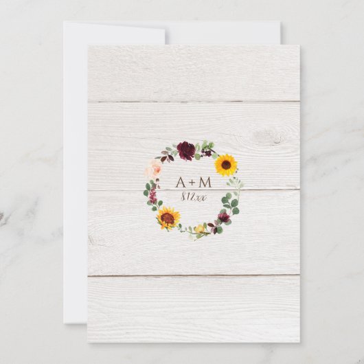 Zonnebloem en Rozen Burgundy Red Fall Wedding Kaart (Achterkant)