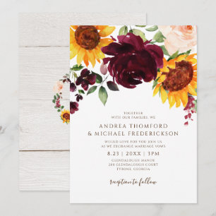 Zonnebloem en Rozen Burgundy Red Fall Wedding Kaart