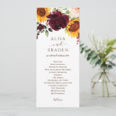 Zonnebloem en Rozen Burgundy Red Fall Wedding Programmakaart (Staand voorkant)