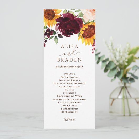 Zonnebloem en Rozen Burgundy Red Fall Wedding Programmakaart (Staand voorkant)