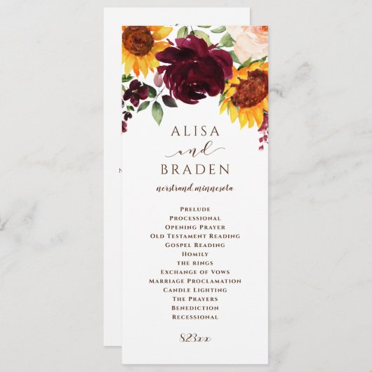 Zonnebloem en Rozen Burgundy Red Fall Wedding Programmakaart (Voorkant / Achterkant)