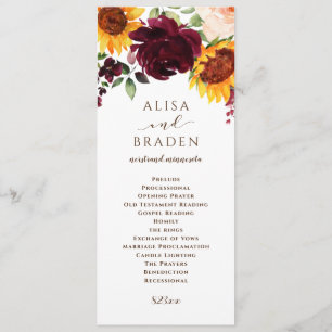 Zonnebloem en Rozen Burgundy Red Fall Wedding Programmakaart