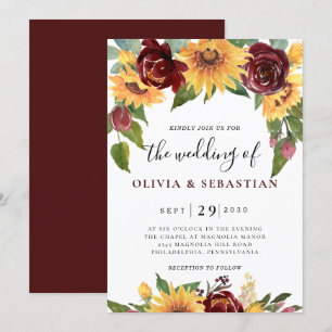 Zonnebloem en Rozen Burgundy Red Greenery Wedding Kaart