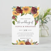 Zonnebloem en Rozen Burgundy Red Greenery Wedding Kaart (Staand voorkant)