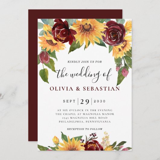 Zonnebloem en Rozen Burgundy Red Greenery Wedding Kaart (Voorkant / Achterkant)