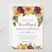 Zonnebloem en Rozen Burgundy Red Greenery Wedding Kaart (Voorkant)