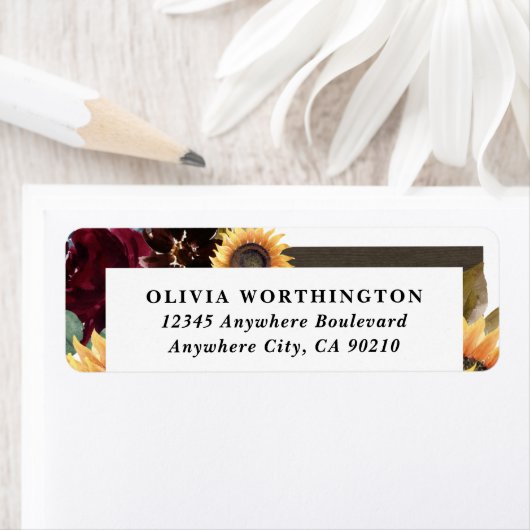 Zonnebloem en Rozen Burgundy Red Navy Blue Weddens Etiket (Insitu)